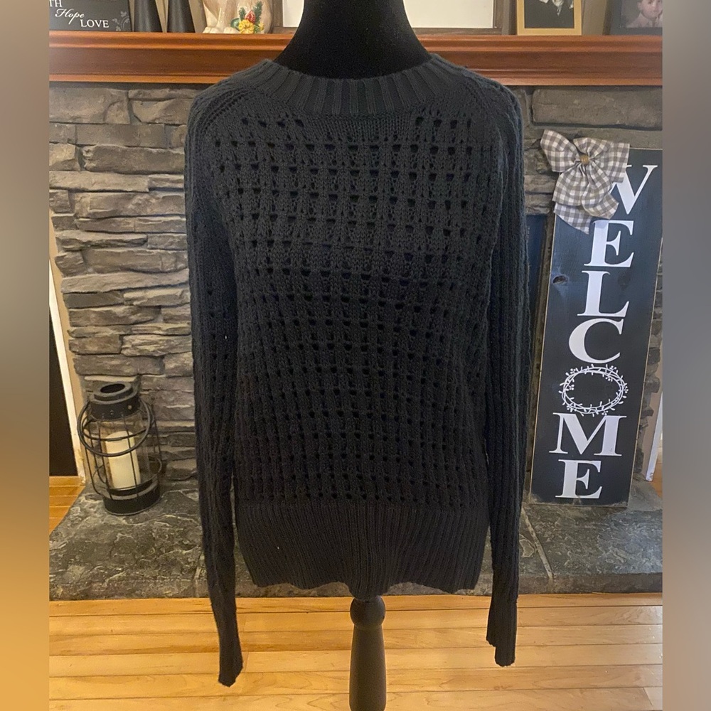 J. Crew Black Open-Weave Crewneck Sweater